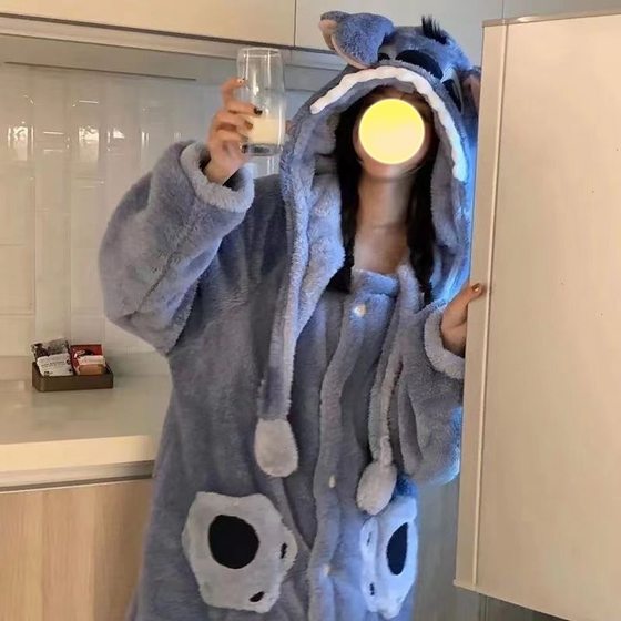 Stitch cartoon couple Net red style pajamas men's and women's autumn and winter coral fleece long nightgown suit men's fleece-lined