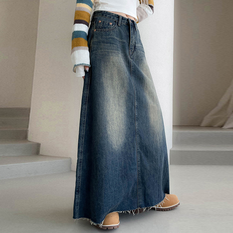 American Style Retro Denim Skirt Women's 2023 New Style Washed Old Pocket Burr Over-the-Knee Casual A- Line Long Skirt