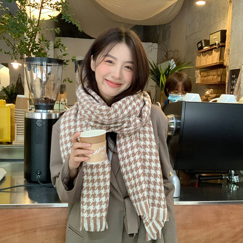 新款冬款保暖千鳥格圍巾女經典仿羊絨情侶加厚百搭披肩保暖圍脖潮