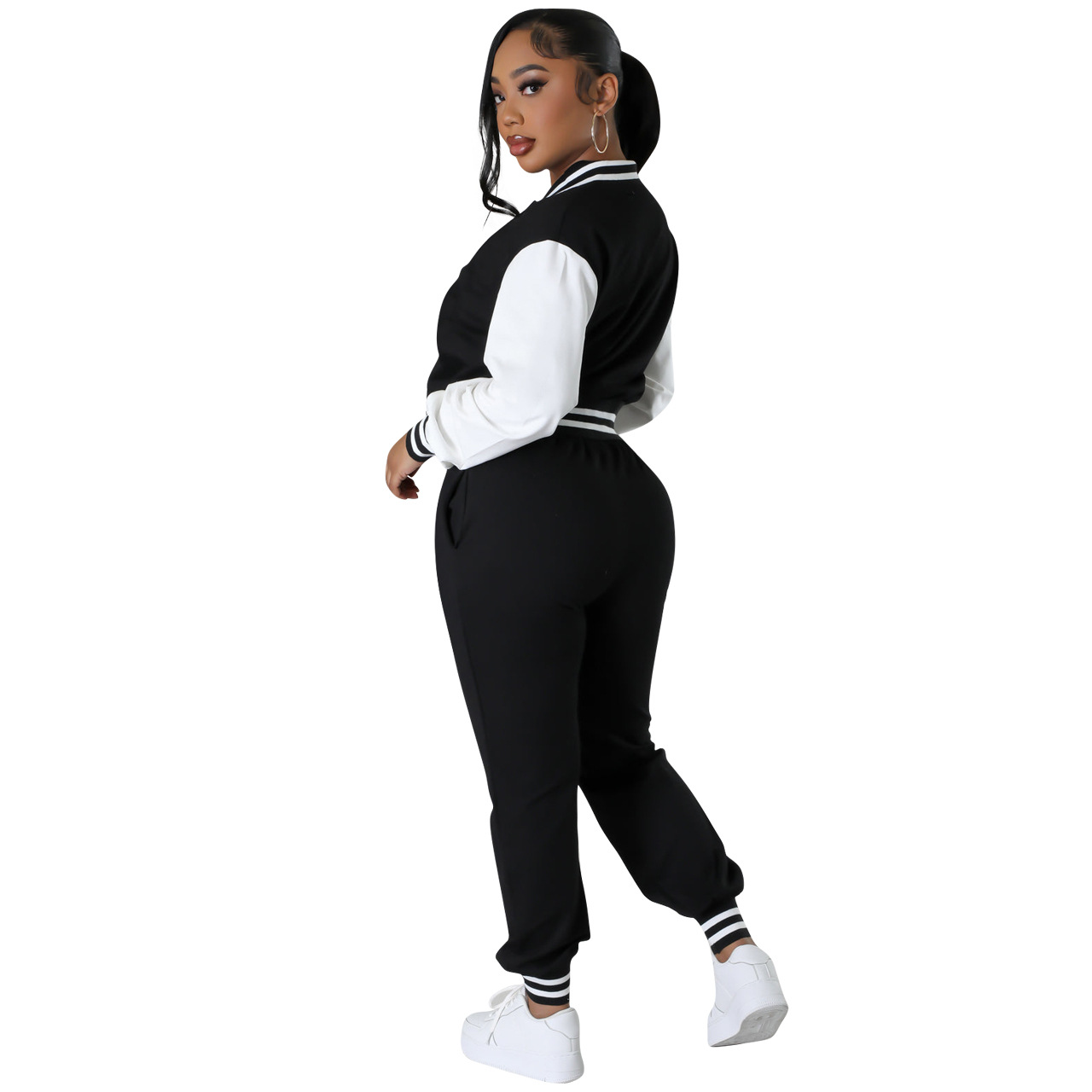 F6001 European and American Cross-border Women's Clothing Amazon New Fashion Baseball Suit suit Splicing Single-breasted Two-piece Set