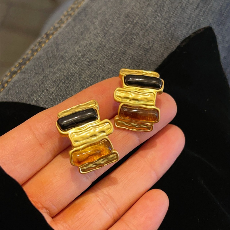 中古風美拉德色寶石耳環高級感復古鍍18K啞金大耳釘法式耳飾品