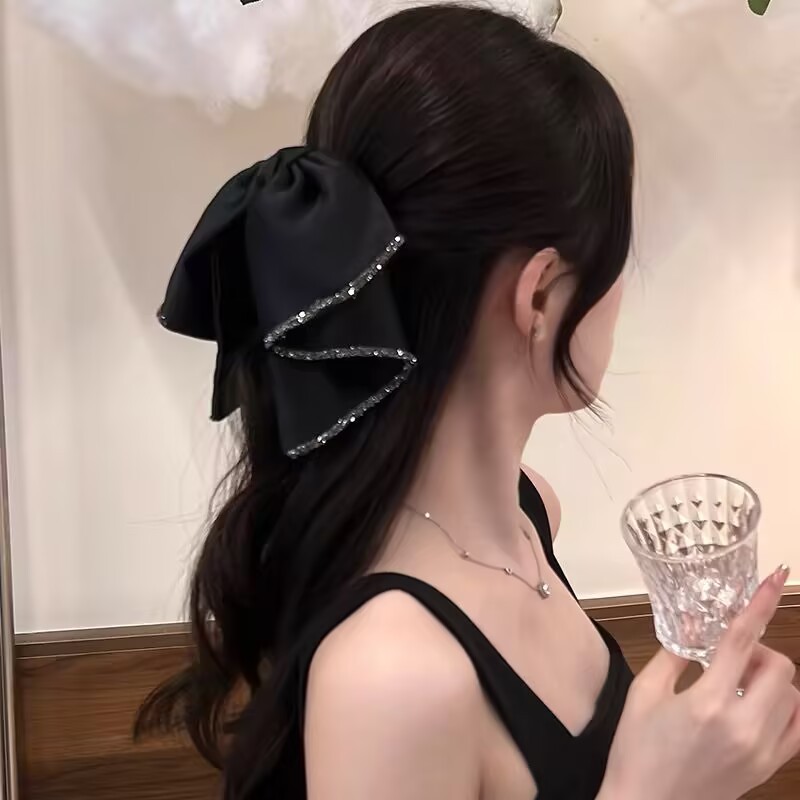 Vintage Satin Bow Grab Clip Women's High-end Elegant Low Pontail Clip Back Head Clip Headwear Hairclip