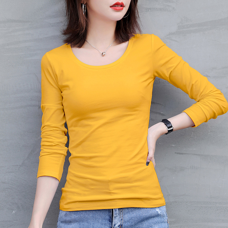 Round Neck Solid Color Long-Sleeved T-Shirt Women's Elastic Large Size New Women's Clothing Slim-Fit All-Match Top Thin Base-Layer Shirt for Women