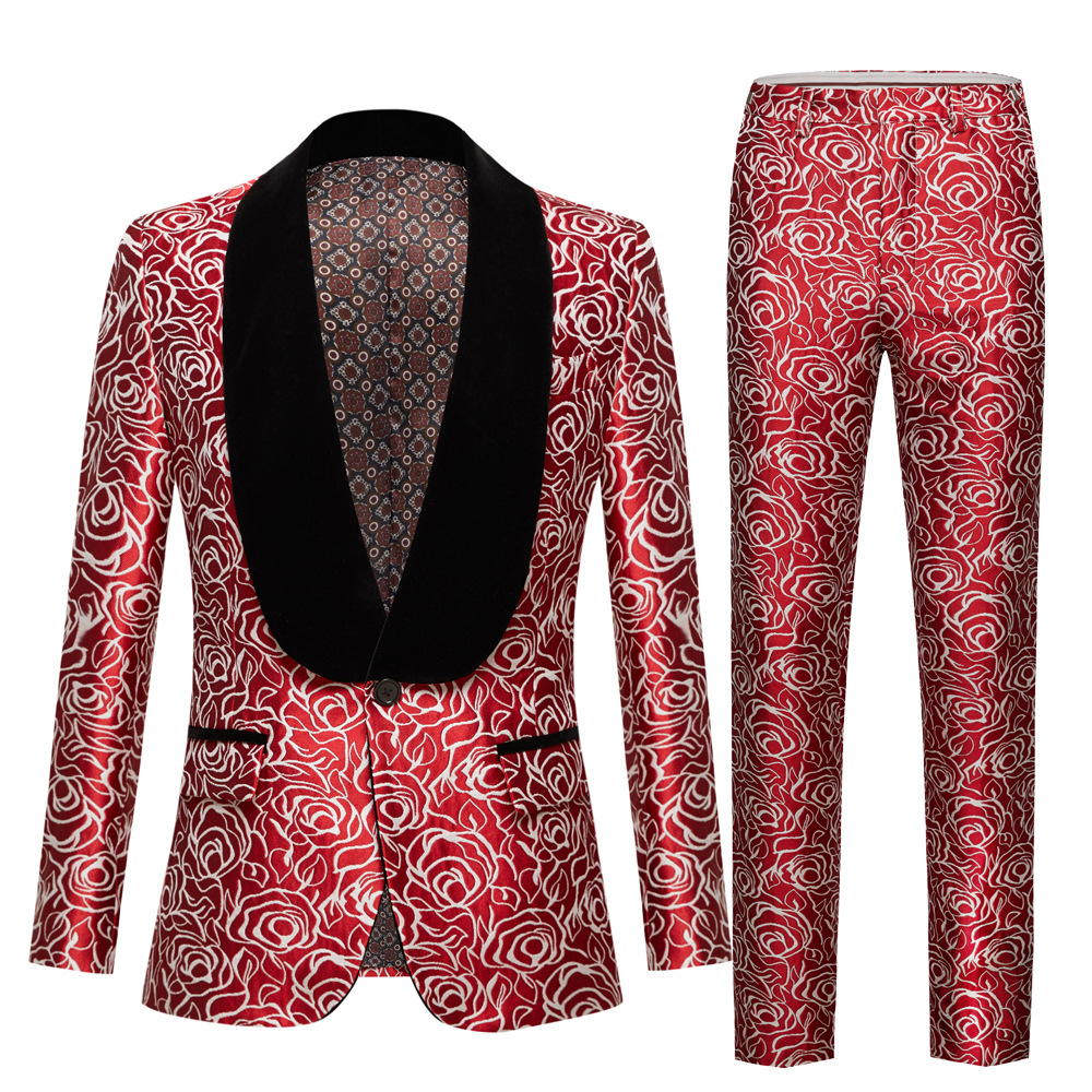 European and American red rose jacquard shawl collar suit