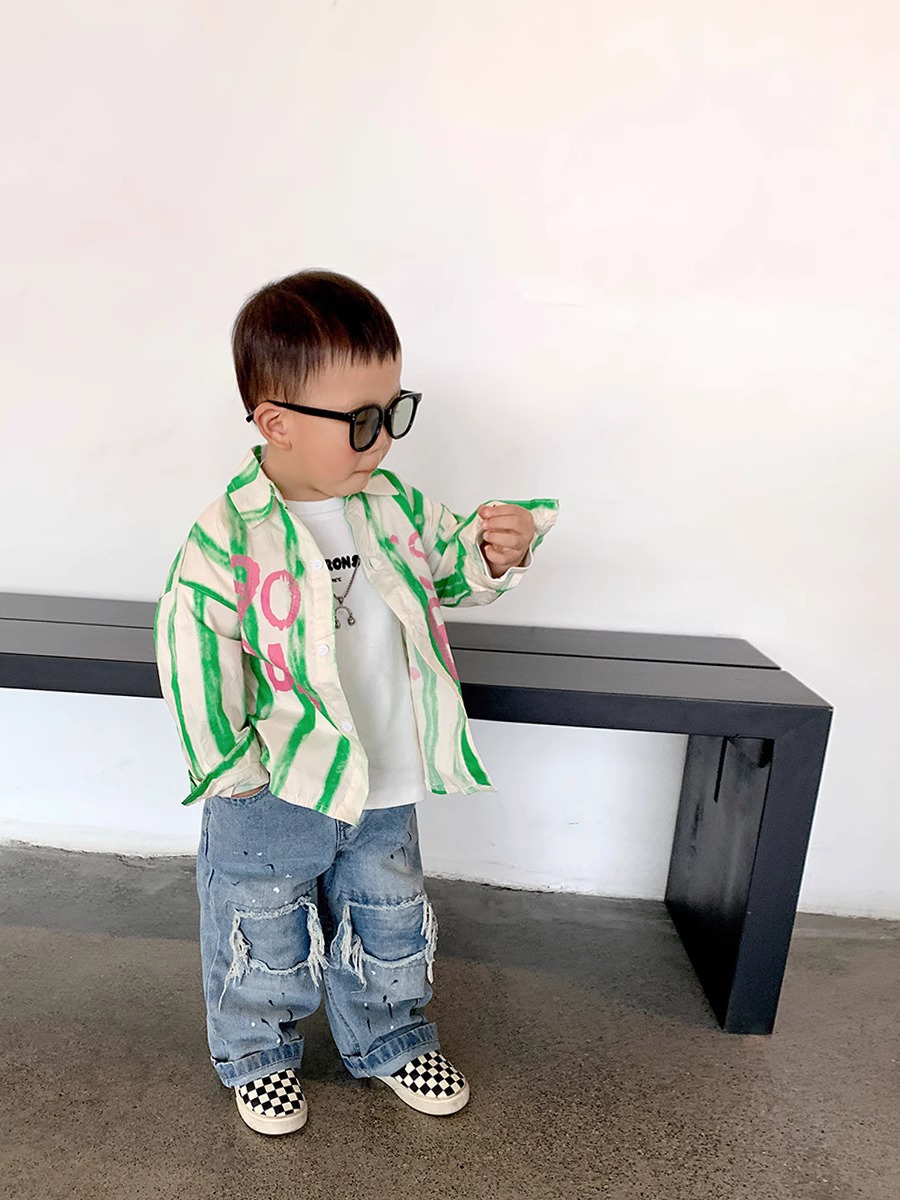 Children's Pu Shuai loose wide-leg spring and autumn jeans boys' Korean retro casual pants children's autumn pants fashion