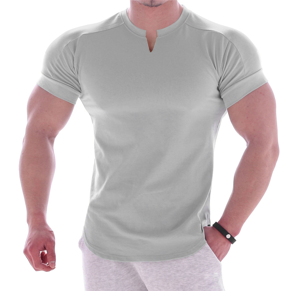 Muscle Fitness Dog Solid Color No LOGOV Collar Cotton Short-sleeved Men's Round Neck Running Casual Basketball Loose Slim T-shirt