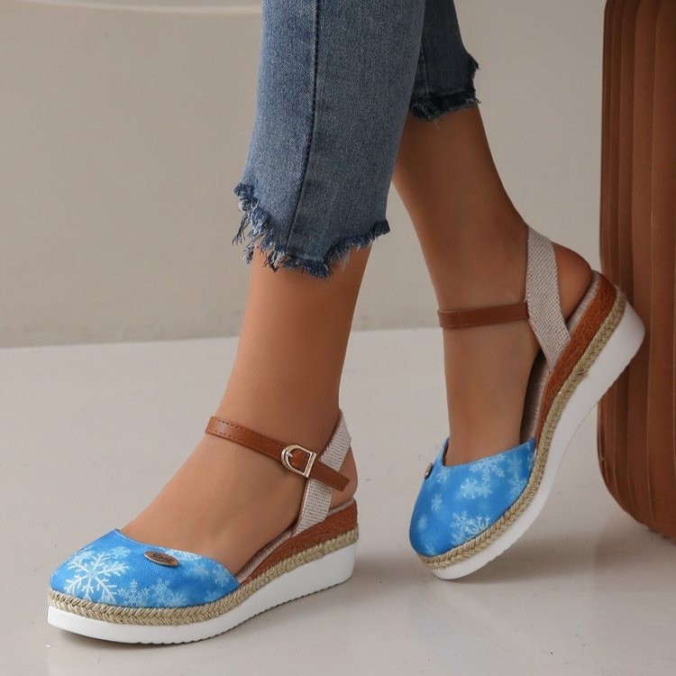 Spot Cross-border Foreign Trade Large Size Color-matching Baotou Rear Empty Sandals Wedge Heeled Lightweight Hemp Rope Buckle Women's Shoes Cool Thick Sole