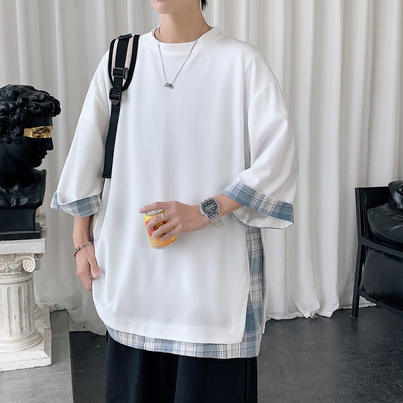 Plaid Stitching Fake Two-Piece T-Shirt Men's Design Sense Half-Sleeve oversize Loose Short-Sleeved ins Fashion Brand Seven-Section Sleeve