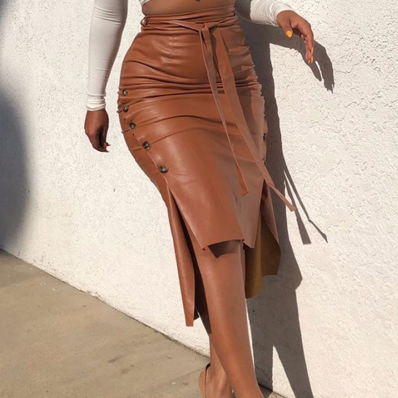Autumn and Winter European and American Foreign Trade Leather Skirt Amazon Women's Split Slim Fit Mid-length Hip Skirt PU Skirt