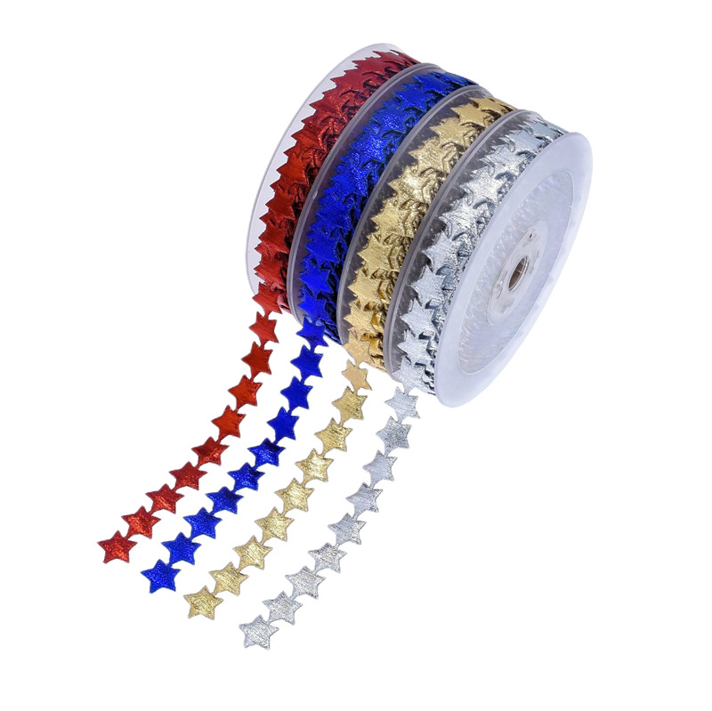 Cross-border Hot Sale Ultrasonic Embossed Gold and Silver Ribbon Christmas Decoration Bright Five-pointed Star Printing Ribbon Accessories
