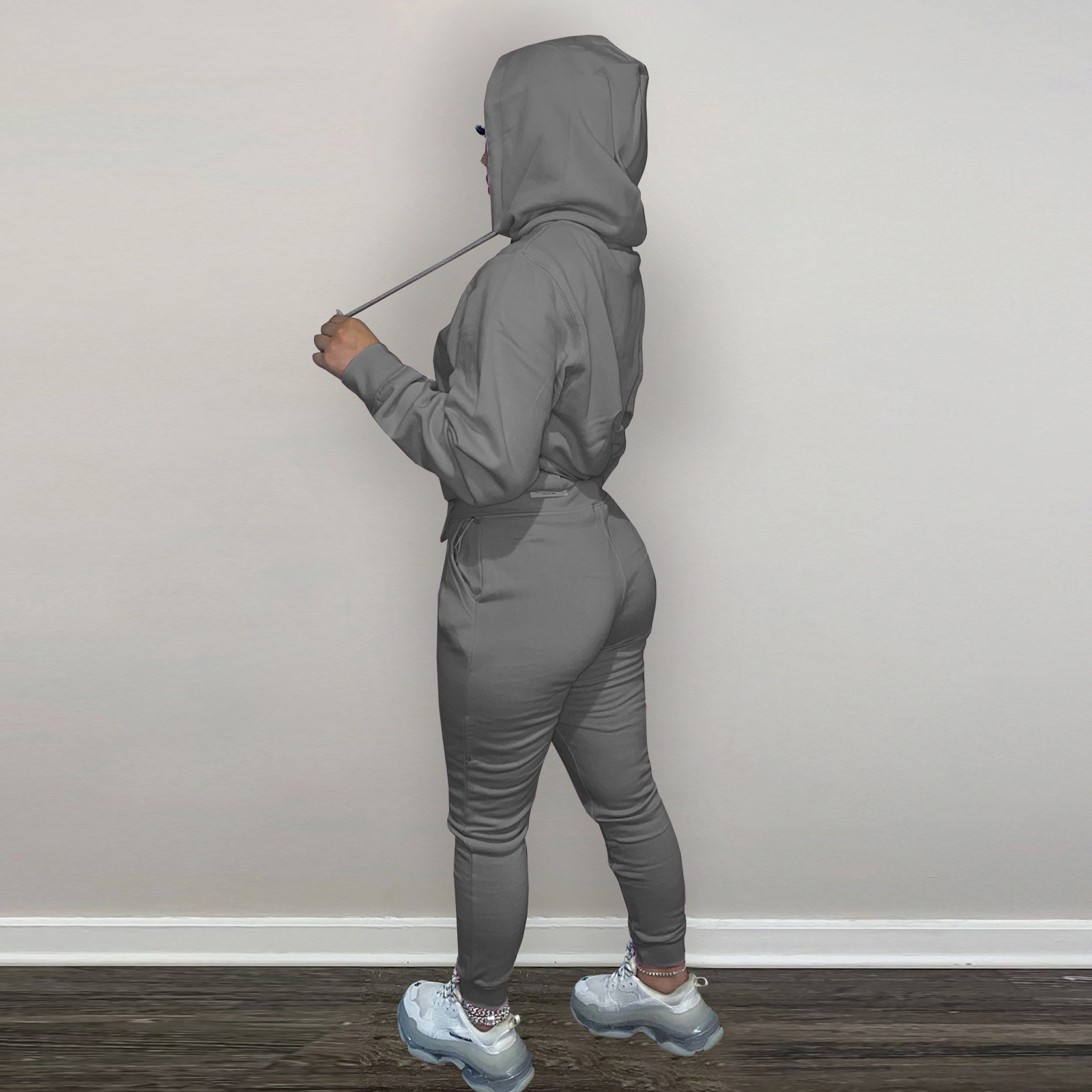 HR8197 European and American women's clothing  independent station supply autumn and winter plus velvet drawstring hooded two-piece set_voghion.com