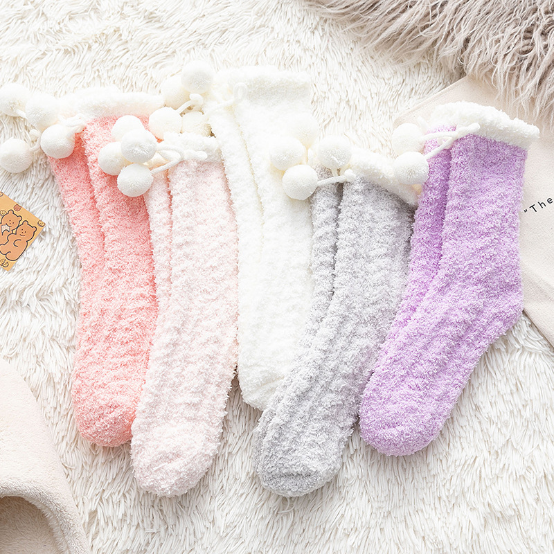 睡眠靴下の子供の日系かわいい毛玉の中筒靴下ins潮冬のサンゴの毛の保温家のストッキング|undefined