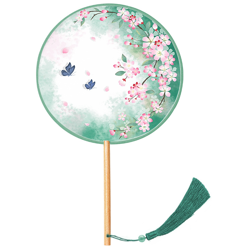Translucent Long Handle Round Fan Ancient Style Fan Silk Dance Fan Women's Chinese Style Hanfu Cheongsam Ancient Costose Small Round Fan