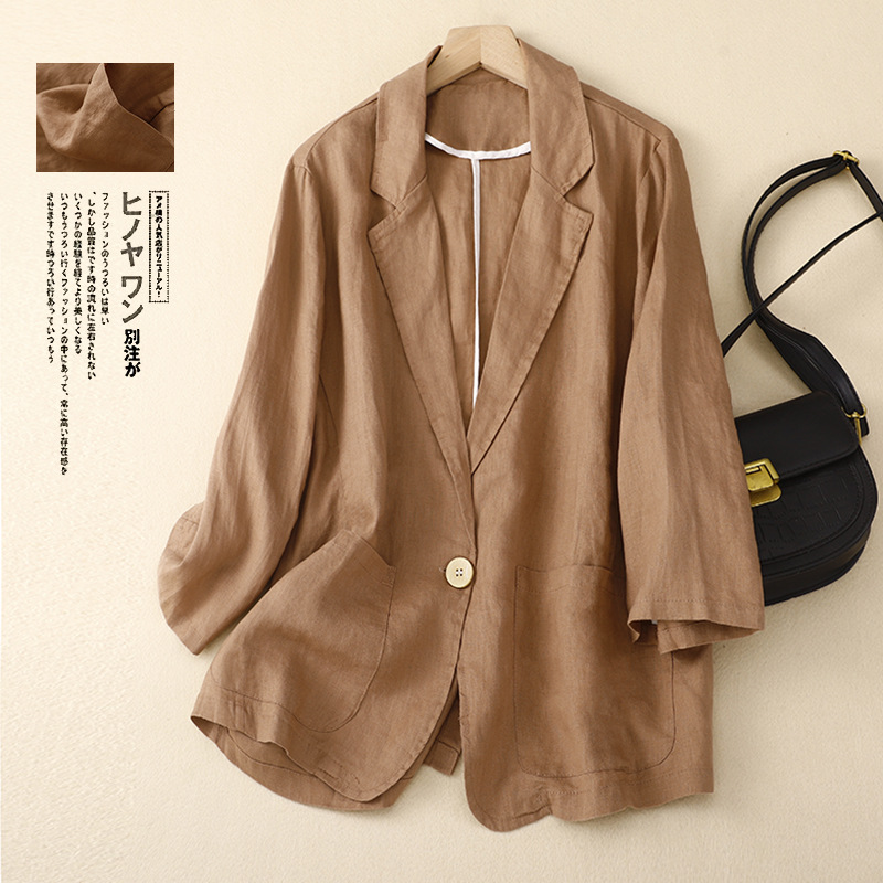 Cotton and linen casual three-quarter sleeve short coat women's solid color small suit top 2024 spring new literary small coat