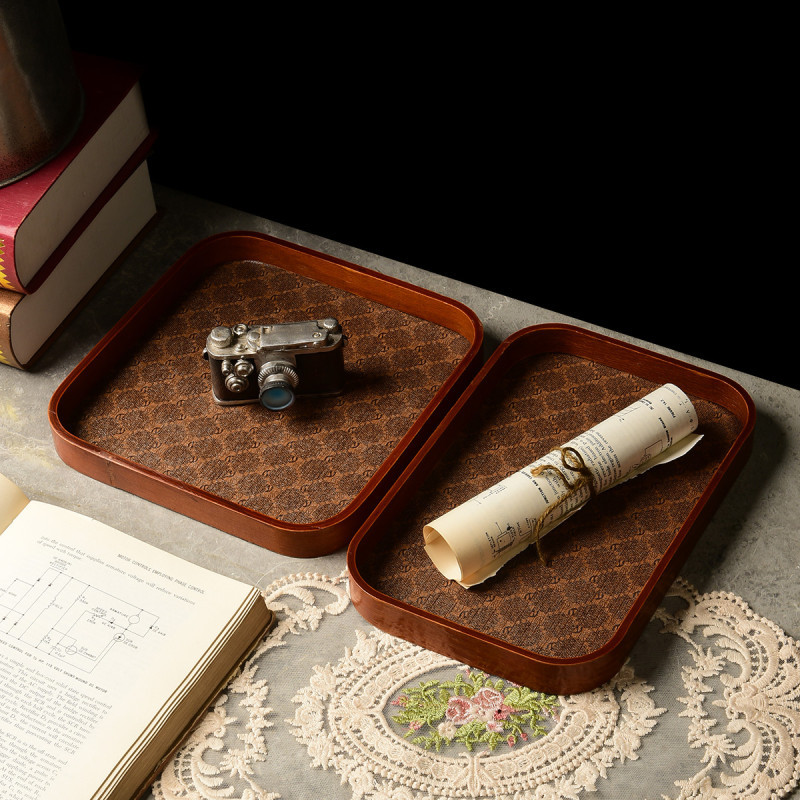 Light Luxury Leather Chinese Tea Tray Vintage Chinese Internet Famous Desktop Jewelry Ornaments Key Porch Storage Box Tray Home
