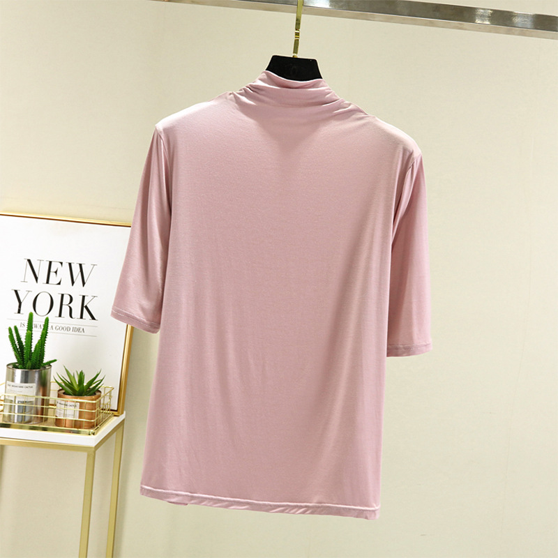 Spring and Autumn Modal Half-high Collar Interior Western Style Half-sleeve T-shirt Women's Summer All-match White Top Mask Base Shirt