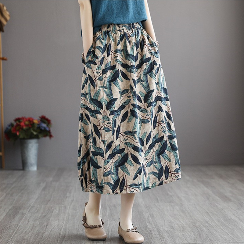 Summer Ethnic Cotton and Linen Floral Skirt 2024 New Women's Clothing Middle-aged and Elderly Large Size Korean Style Long Skirt for Mother