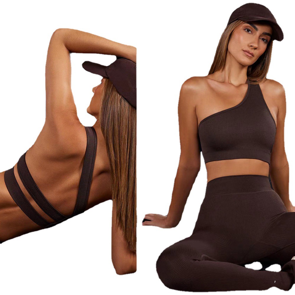 New Arrival Seamless Knitted Yoga Clothing Women's Suit Cross Shoulder Sports Bra High Waist Hip Shorts Rib Long Sleeve Trousers