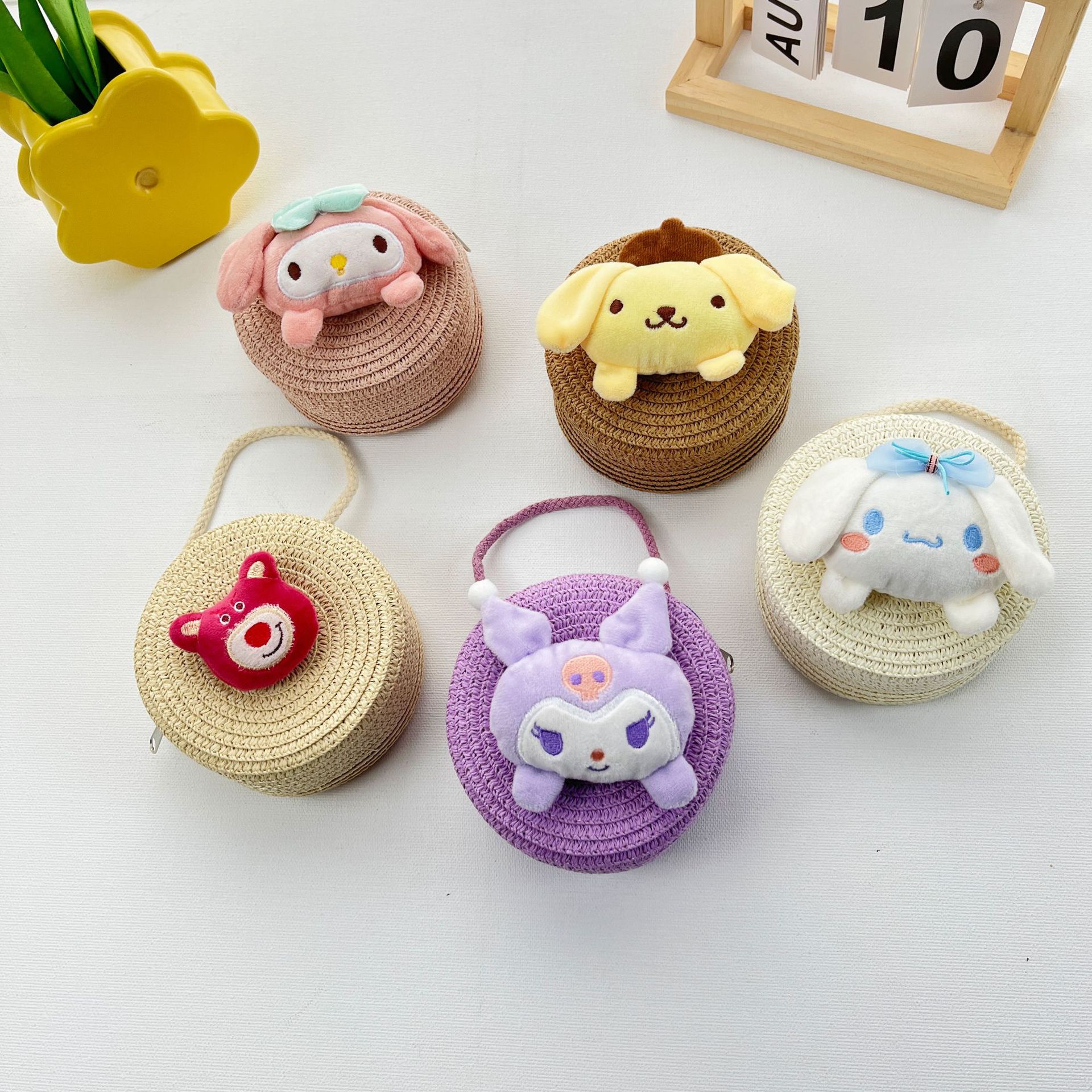 Children's bag Japanese cartoon small round bag straw big ears dog Bear girl boy crossbody change small bag