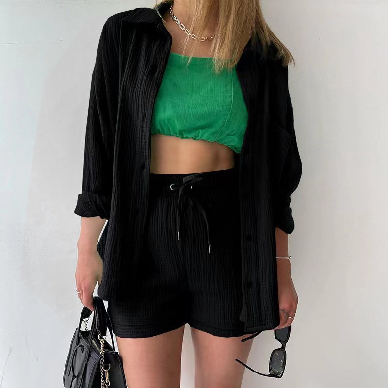 2023  European and American Women's Wrinkled Lapel Long Sleeve Shirt High Waist Drawstring Shorts Fashion Casual Two-Piece Set_voghion.com