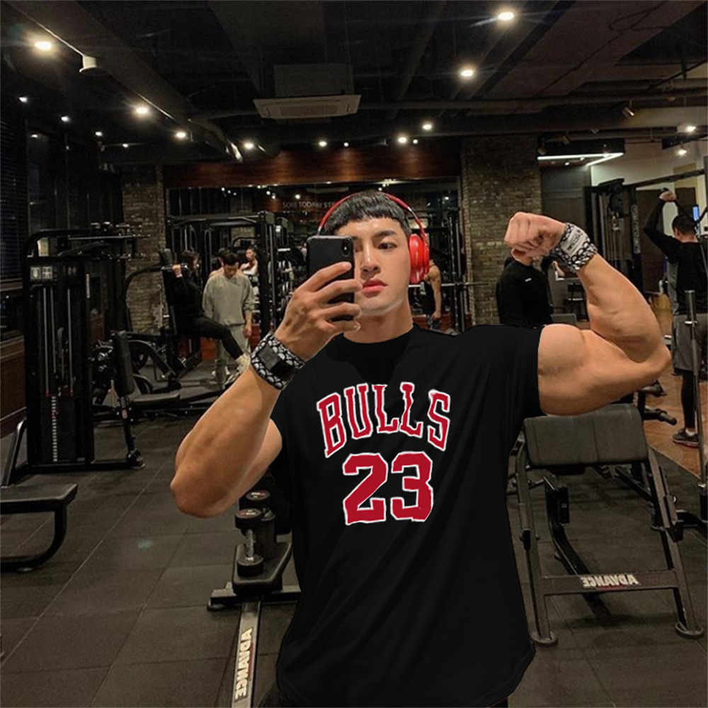 2023 cross-border hot selling men's fitness top T-shirt Bull 23 printed compression breathable sports clothing