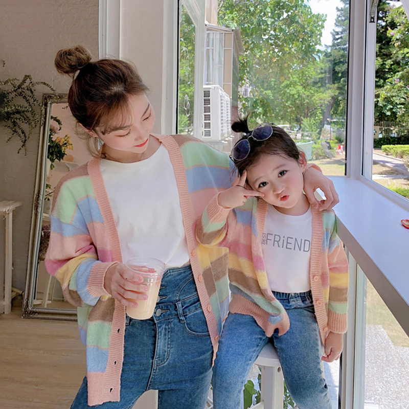 2023 Parent-Child Sweater Knitted Sweater Coat Fried Street Mother and Daughter Sisters Dress Western Style Rainbow Cyber Celebrity Parent-Child Dress Autumn Dress