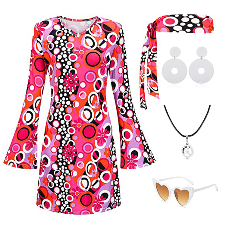 20.23 million Holy Festival 70 s Hippie Disco Costume Holiday Dress Turban + Printed Dress Two-Piece Set