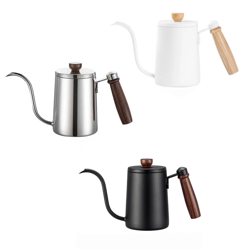 Stainless steel hand coffee pot with scale wooden handle 304 Teflon household commercial thin mouth hand drip filter pot