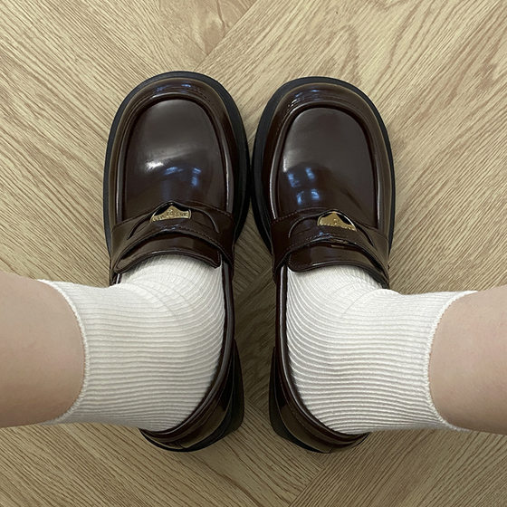 Queen Fan French Loafers Women's 2022 New Autumn and Winter Brown Small Height Increasing Thick Heel British Small Leather Shoes