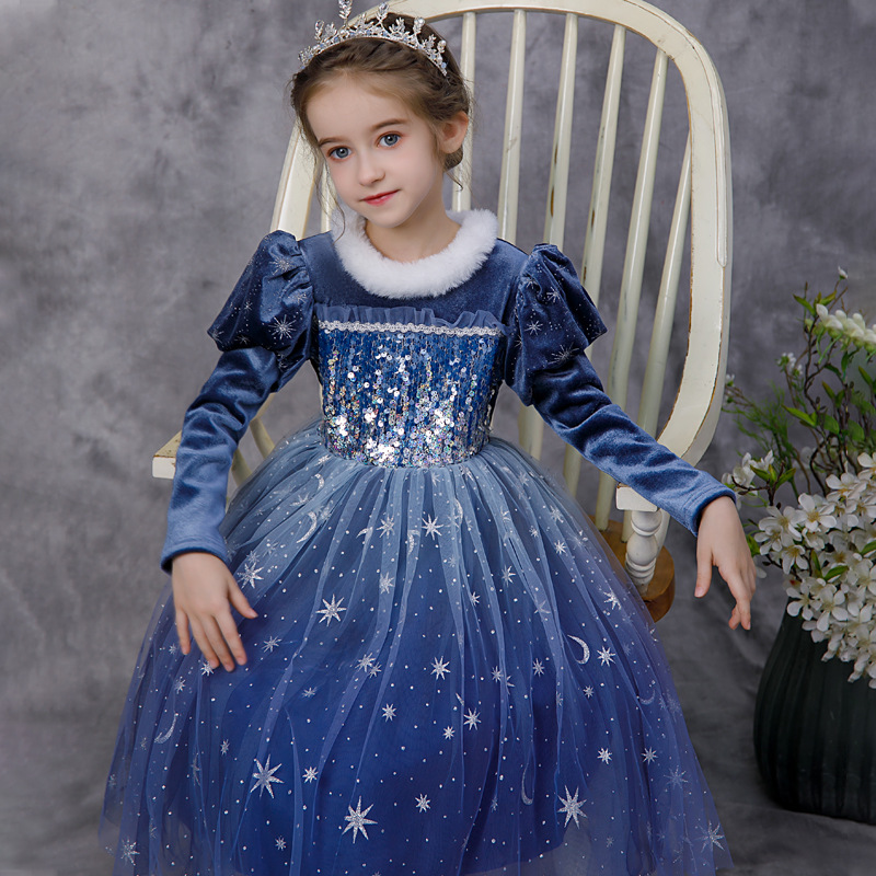 Girls' Autumn Winter Elsa Princess Dress Frozen Velour Skirt Little Girl Elsa Christmas Dress 