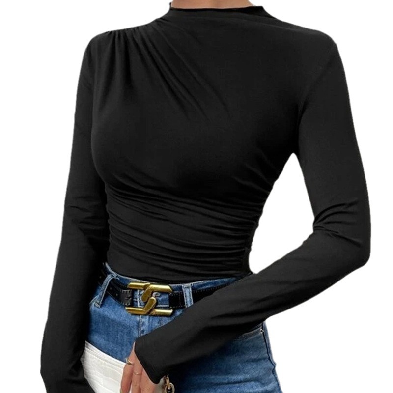 Cross-border 2023 European and American solid color slim bottoming shirt versatile pleated design long sleeve T-shirt women's top