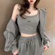 2024 Hong Kong Style Casual Sports Suit Women's Fashionable Short Strap Hooded Sweat Three-Piece Set