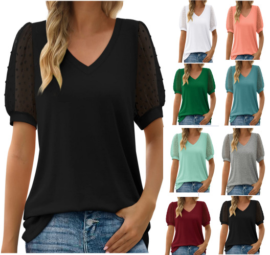Amazon Cross-border European and American Women's Small Fur Ball Mesh Fluffy Short-sleeved Puff-sleeved V-neck Solid Color T-shirt for Women