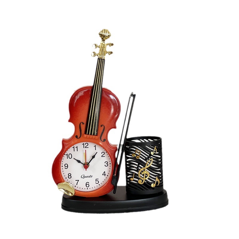 带笔筒小提琴闹钟 工厂批发直销创意乐器造型桌面时钟客厅摆件台