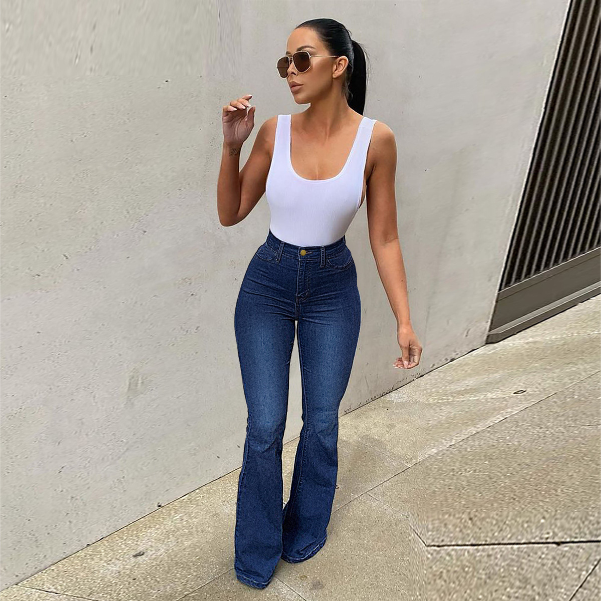 PT7078 Amazon cross-border wish European and American women's stretch high waist Denim trousers eaby micro-pull horseshoe pants