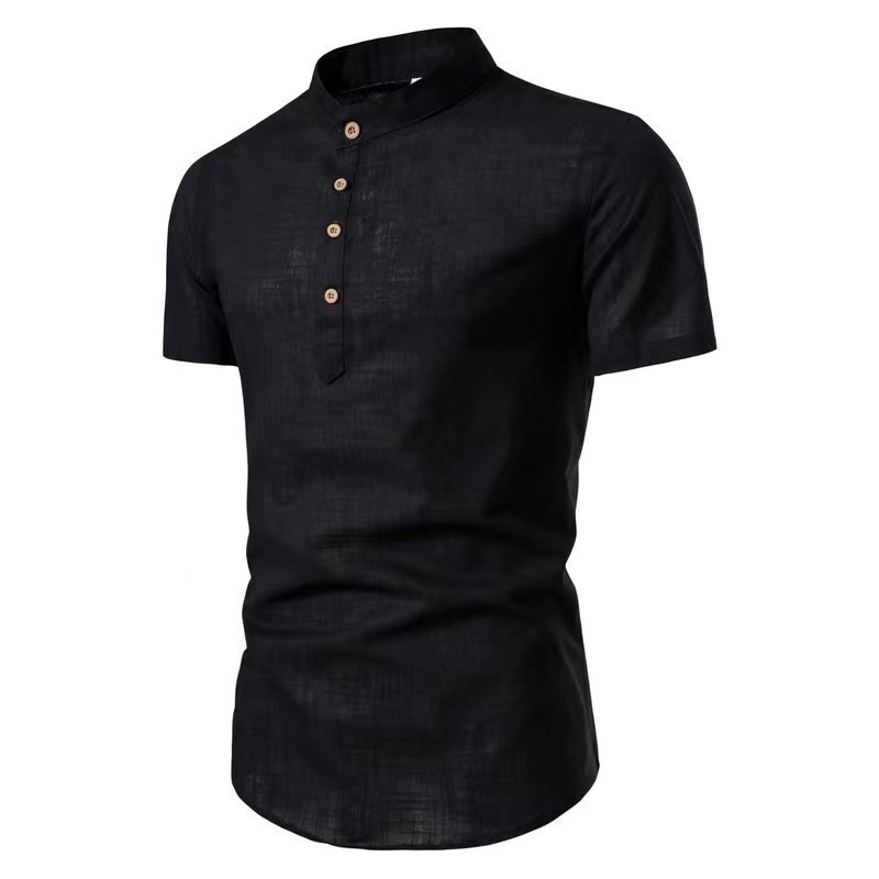 2024 shirt men's fashion slim-fit solid color short-sleeved business stand collar cotton and linen half-open men's shirt