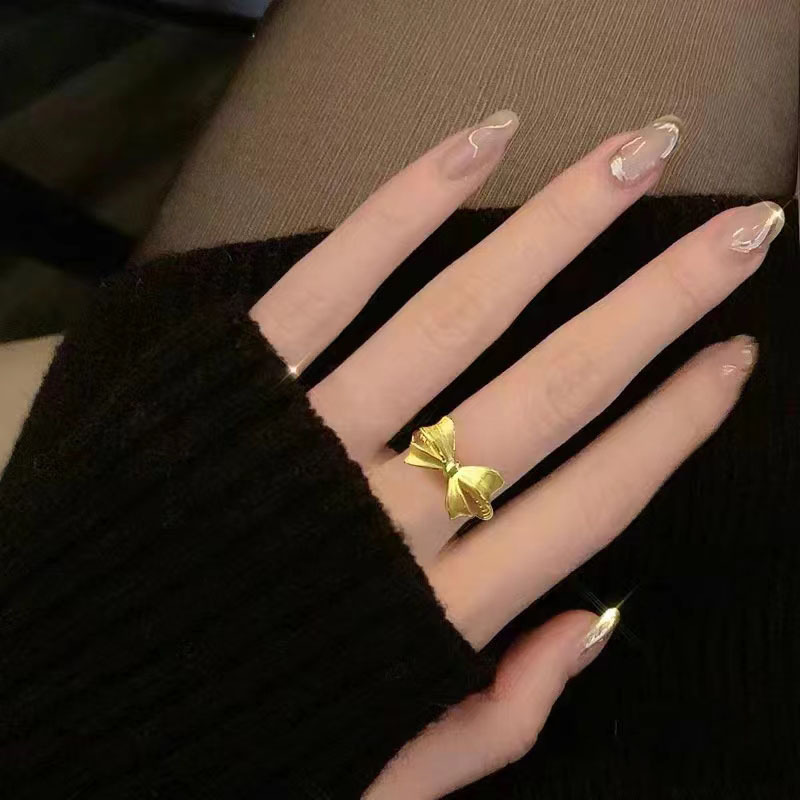 New style sand gold princess bow ring female sweet cute frosted wedding opening adjustable diet finger ring gold plated
