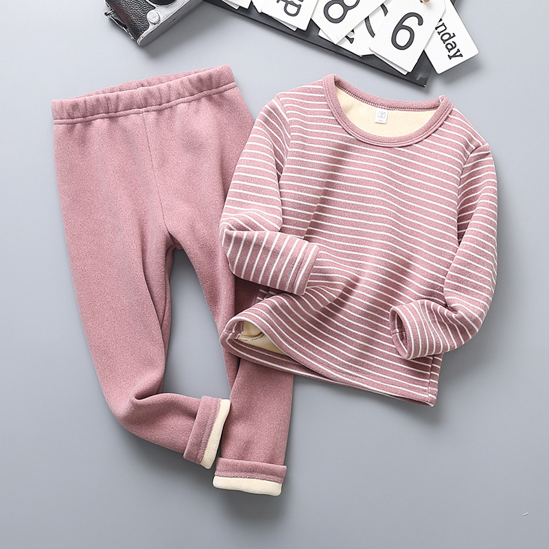 2023 autumn and winter children's fleece-lined thickened striped pajamas home wear small and medium boys and girls bottoming thermal underwear suit