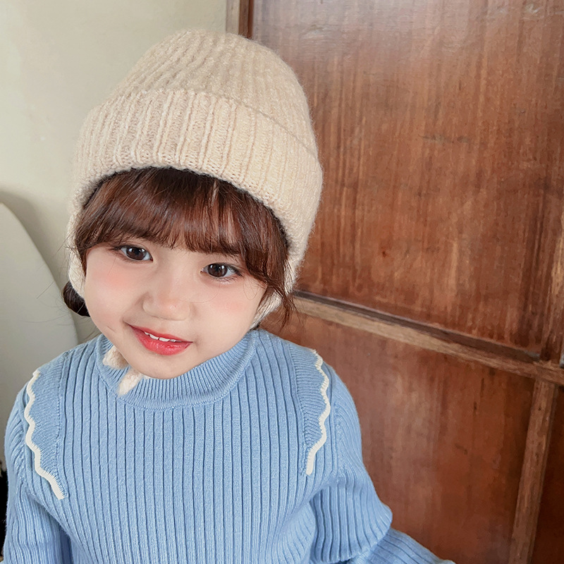 Gestrickte Ohrenschutzmütze für Kinder im japanischen Stil, neue Herbst- und Wintermütze aus dunkler, eleganter, warmer Wolle, einfarbige Strickmütze_voghion.com