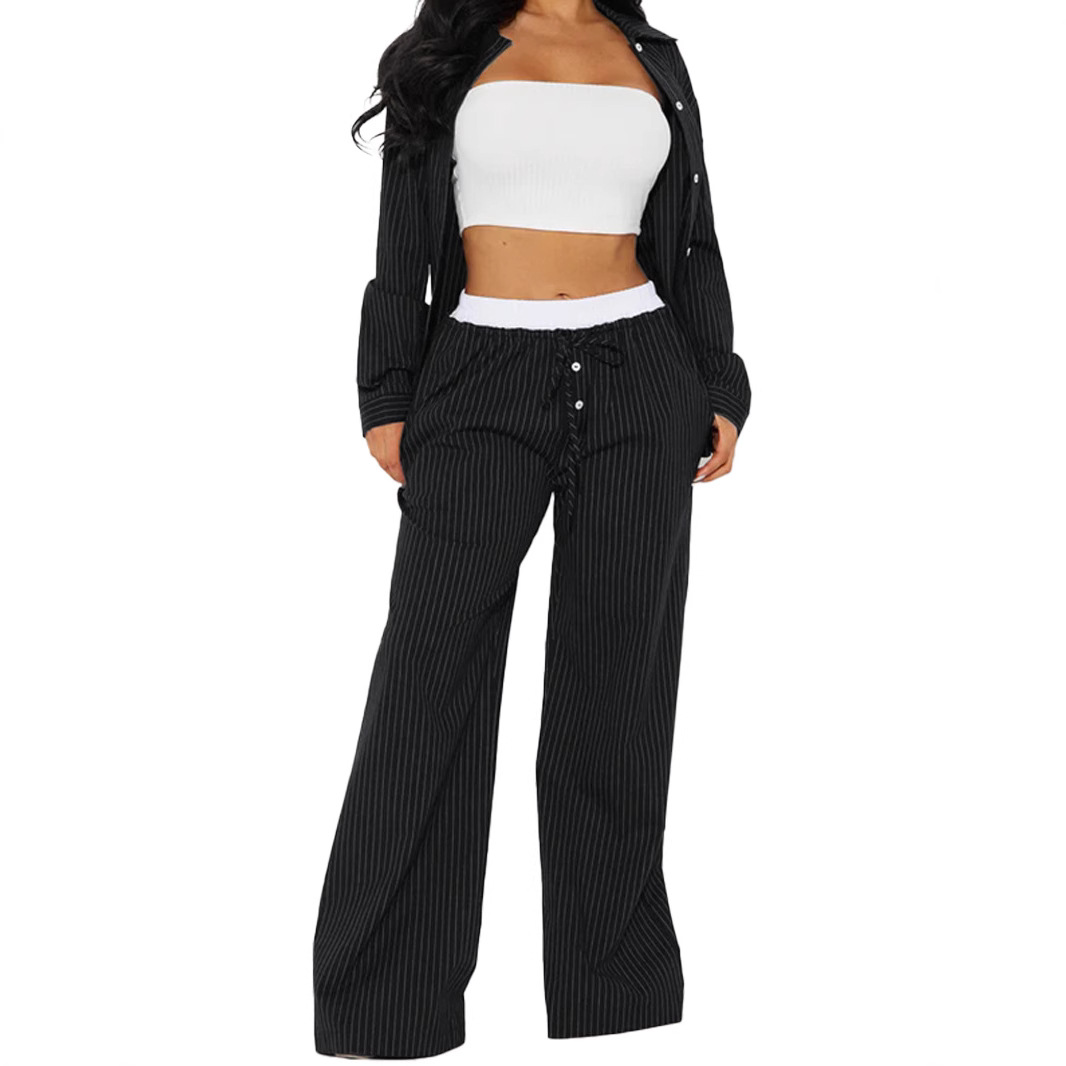 European and American New 2025 Spring Amazon Women's Casual Striped Laps Shirt Single-breasted Flat-angle Wide-leg Pants suit