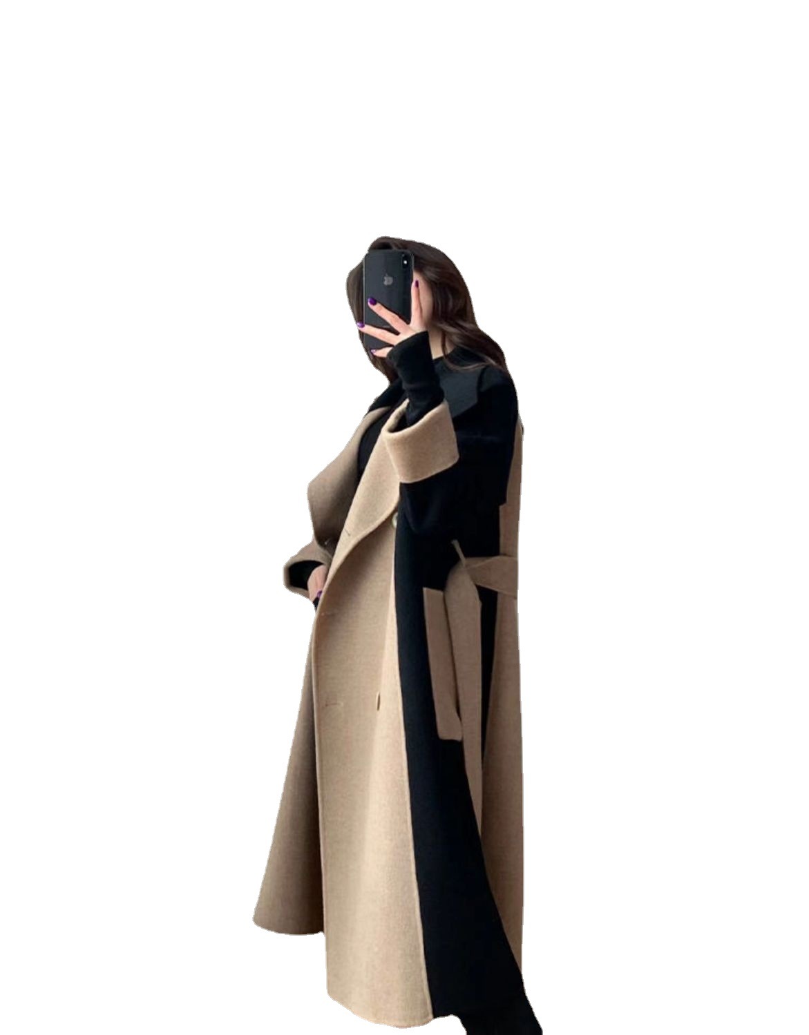 Uldfrakke Dame lang 2023 vinter Ny dobbeltsidet fleece uld farveblok Elegant Hepburn stil slankende frakke_voghion.com