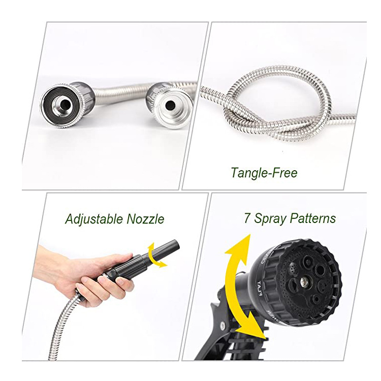 Stainless steel garden hose outdoor metal hose with double nozzle will not kink and tangle flexible and portable