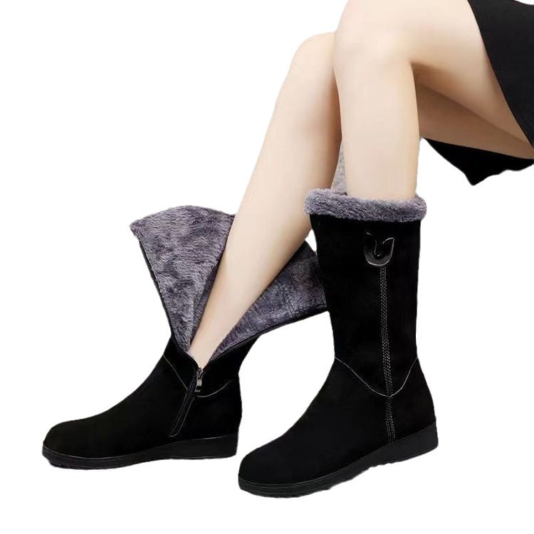 Winter versatile snow boots women's shoes fleece-lined thickened mid-calf Martin boots wedge non-slip warm side zipper cotton boots