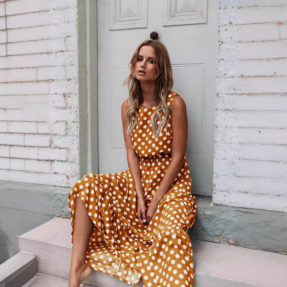 Cross-border Hot Sale 2024 Spring and Summer Fashion All-match Printed Polka Dot Round Neck Dress Women's Dress