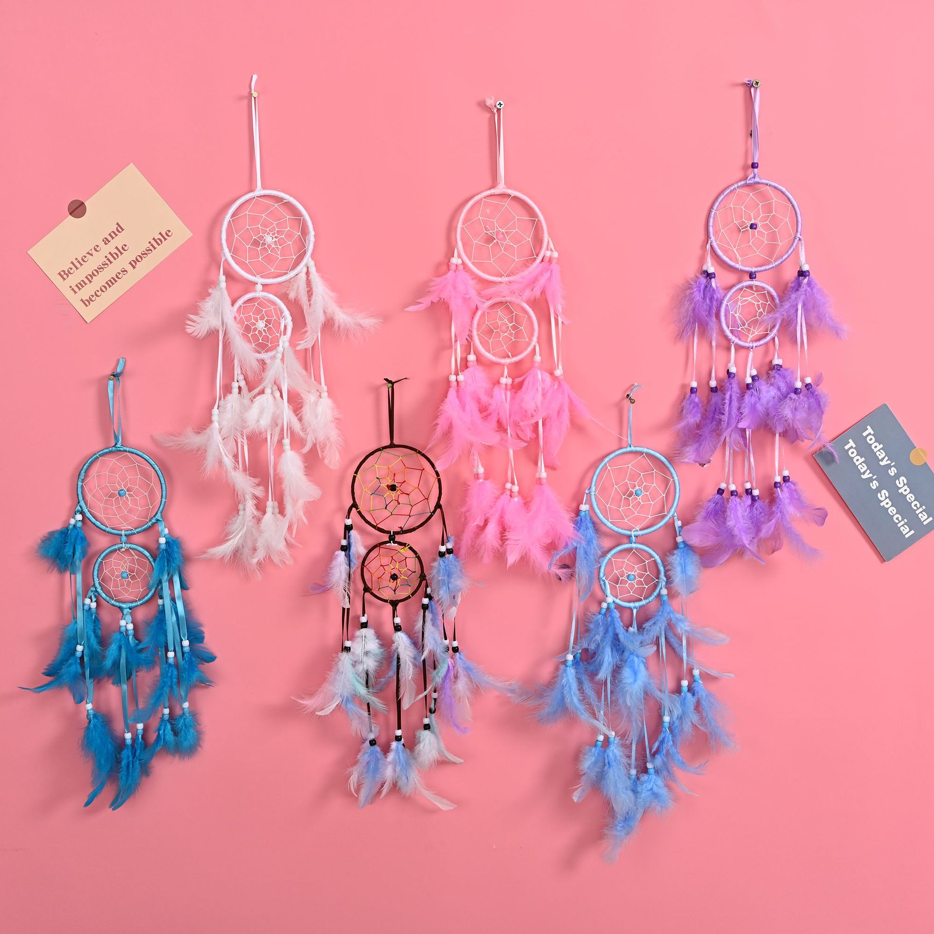 Creative double ring dream catcher home wall decoration pendant small fresh feather decoration car interior holiday gift