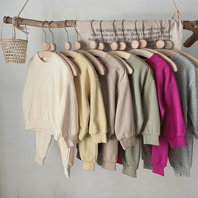 Children's terry cotton dopamine solid color men's and women's pullover round neck sweater coat trousers two-piece set