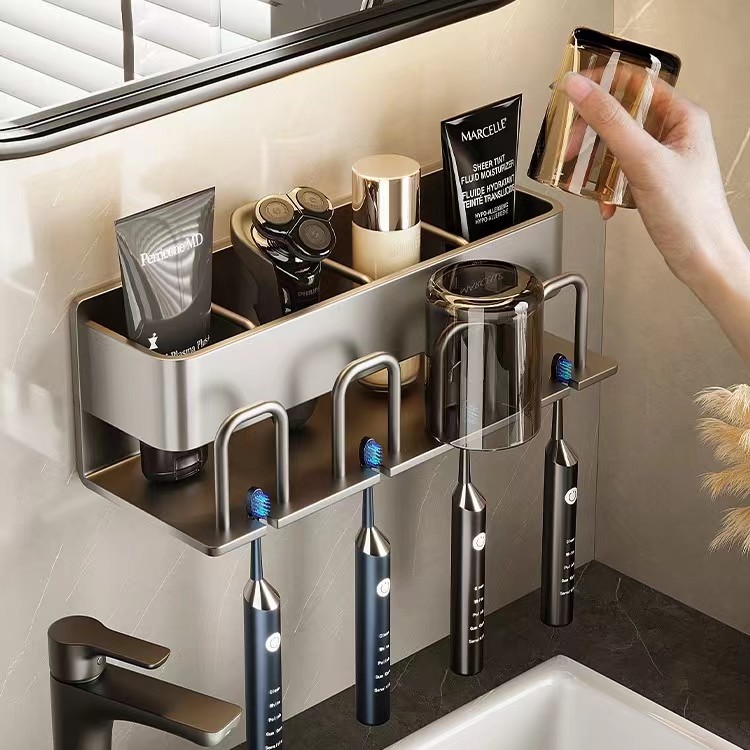 Gun Grey Toothbrush Storage Rack Toilet Hole-free Gargle Cup Tooth Cup Wall-mounted Storage Rack Electric Toothbrush Rack