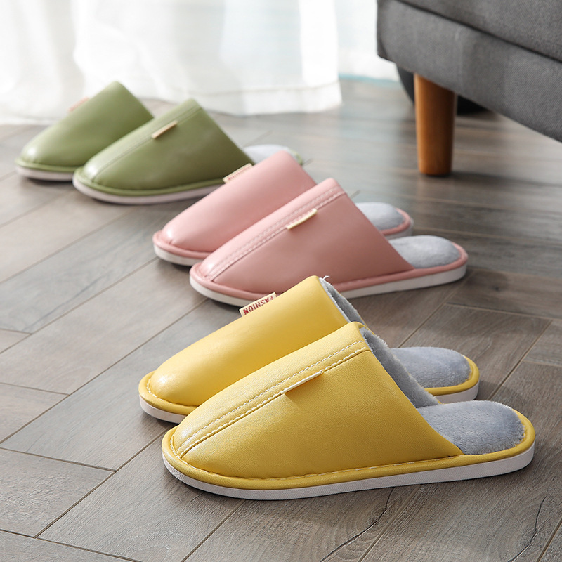 Winter leather cotton slippers women's waterproof non-slip adult home warm indoor winter PU leather slippers men's lovers