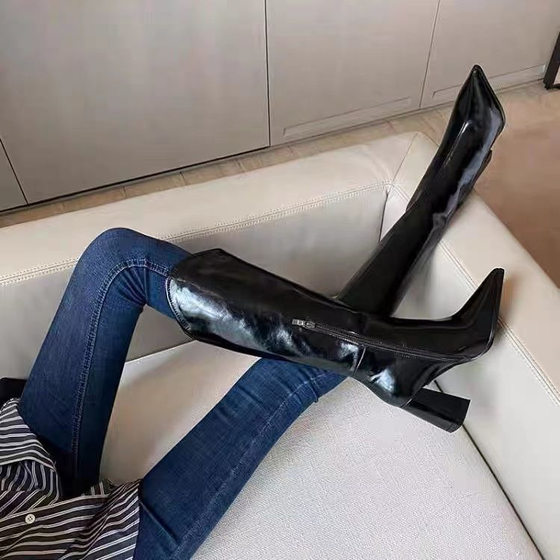 Women's knee-length boots, pointed toe chunky heel riding boots, Chelsea V-mouth thin boots, autumn and winter 2023