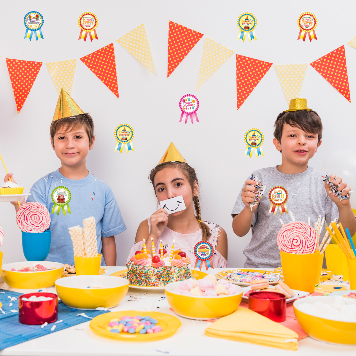 Happy birthday badge stickers Happy birthday children's home classroom birthday party decoration stickers
